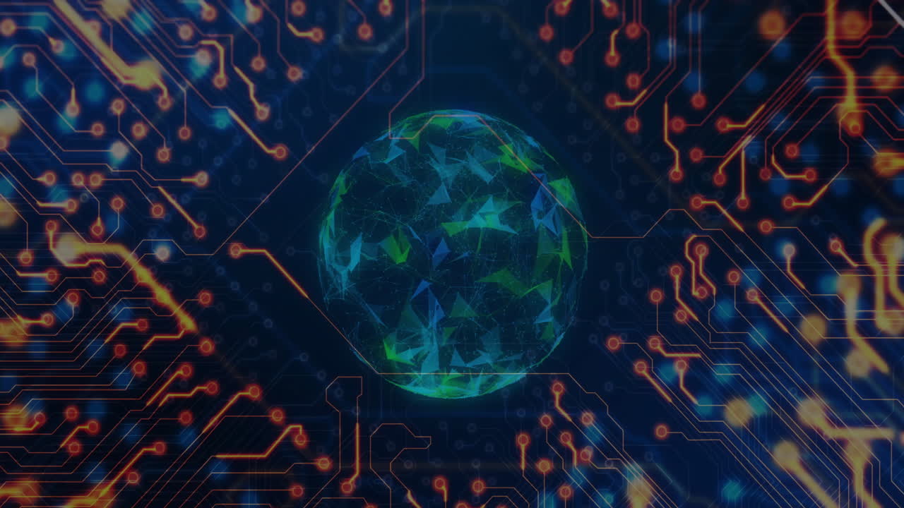 Animation of data processing and network of connections over globe