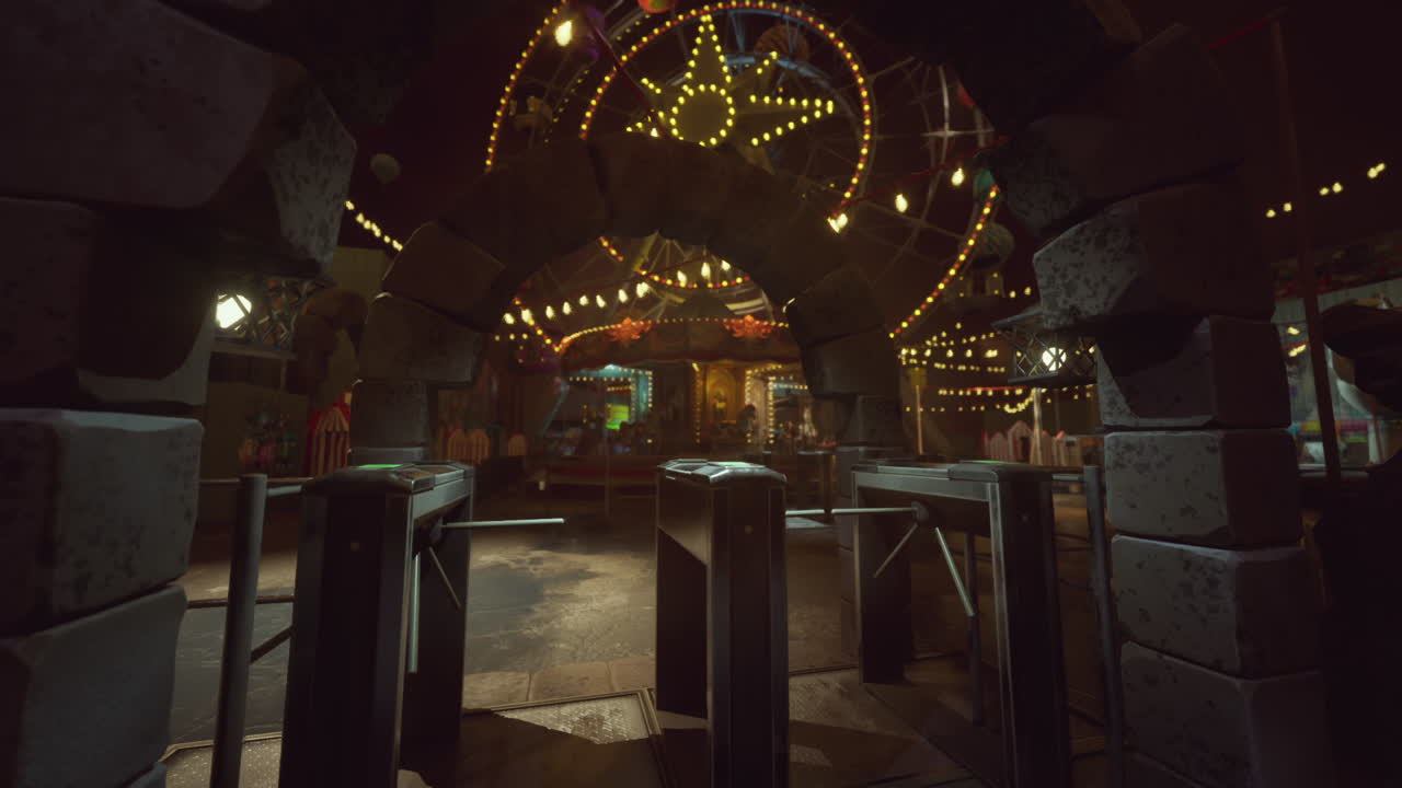 밤 에 버려진 놀이 공원 입구