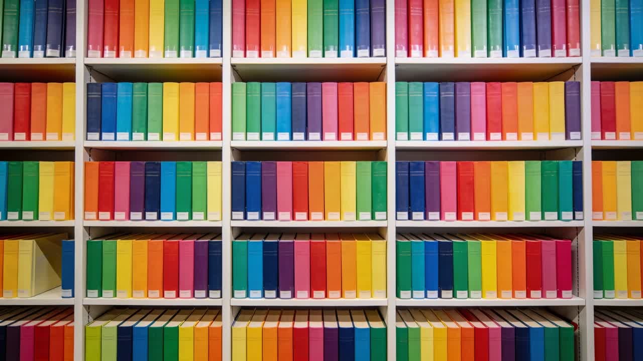 Panning camera moving inward across retail shelving wall, revealing colorful spine labels and books