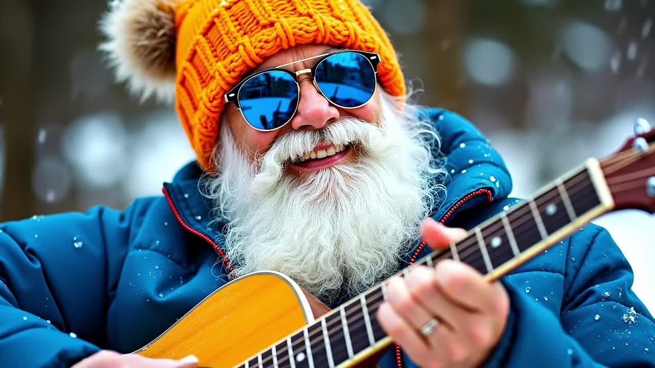 A man with a long white beard and sunglasses playing a guitar
