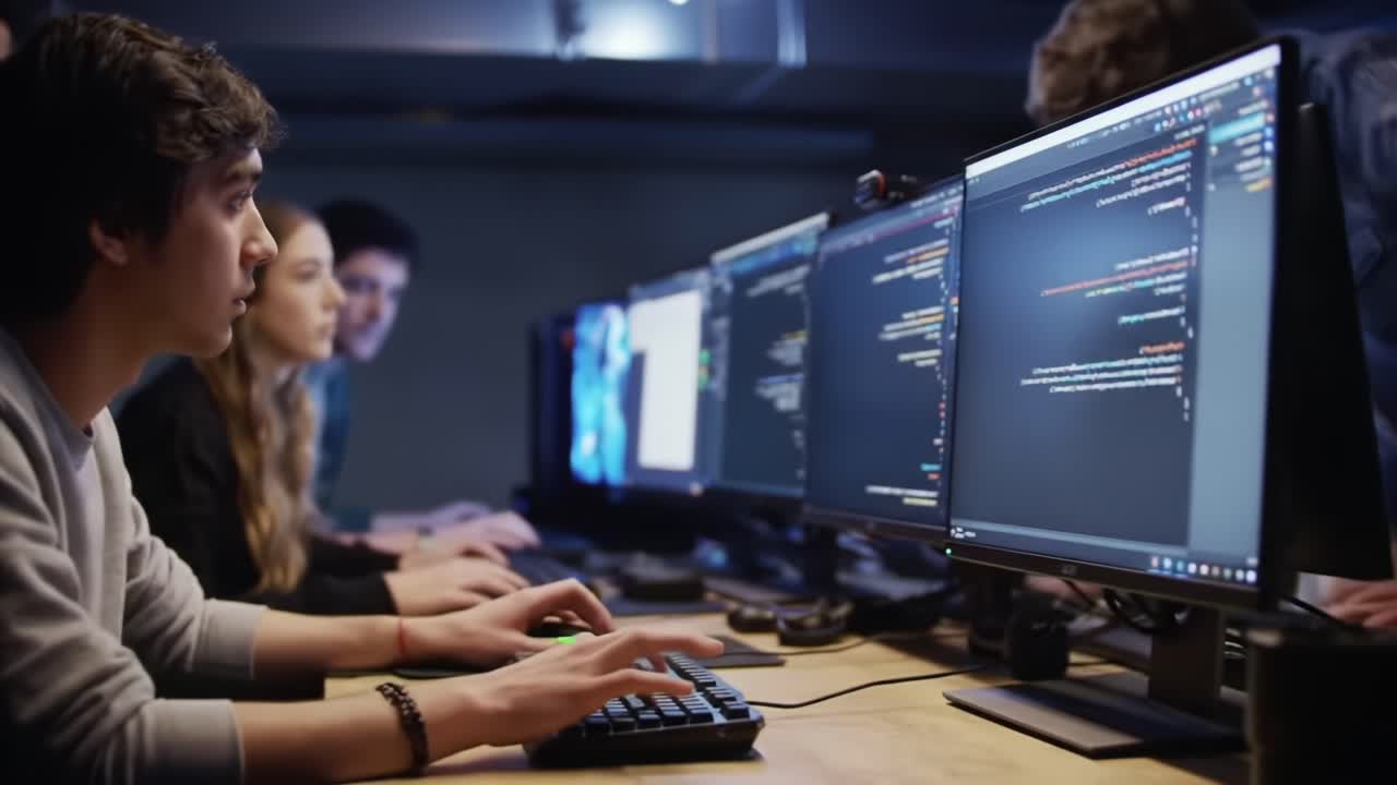Collaborative Coding Session: Programmers Engaged in Teamwork and Problem Solving with Multiple Monitors Displaying Code in a Modern Workspace Environment