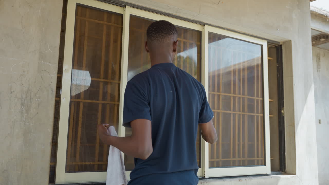 Outdoor house window cleaning man prepping frame, wiping dust from glass, inspecting seal, buffing reflection with cloth, casual black shirt, concrete facade, protective grille, focused maintenance