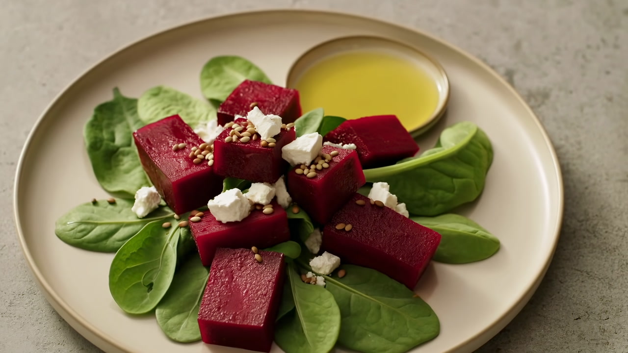 Beet Salad On Plate With Spinach, Roasted Beet Cubes, Crumbled Feta, Toasted Seeds, Small Bowl Of Olive Oil,
