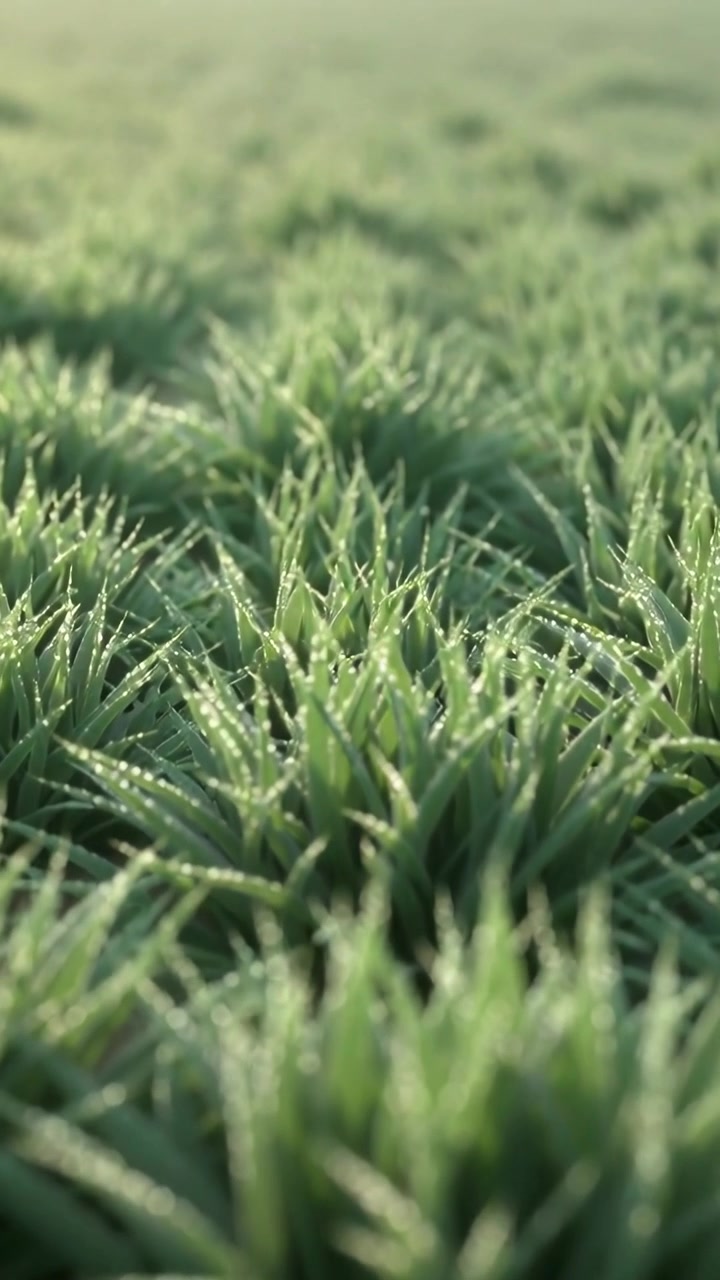 Vertical video: Moving low camera forward through meadow, revealing dew beads with soft bokeh light