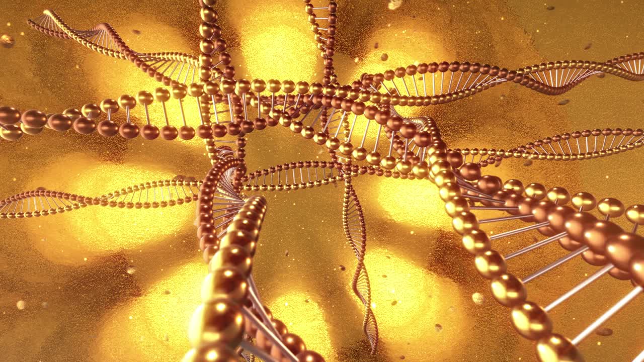 Golden geometric background with swirls of DNA molecules. 3D rendering loop 4k