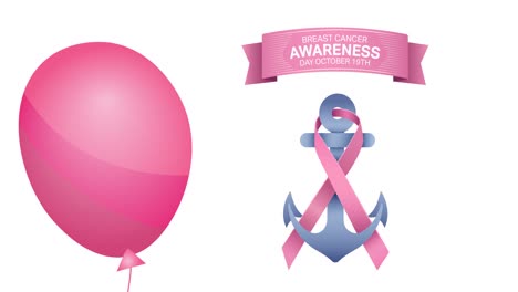 animation of flying pink balloon over pink ribbon anchor logo and breast cancer text