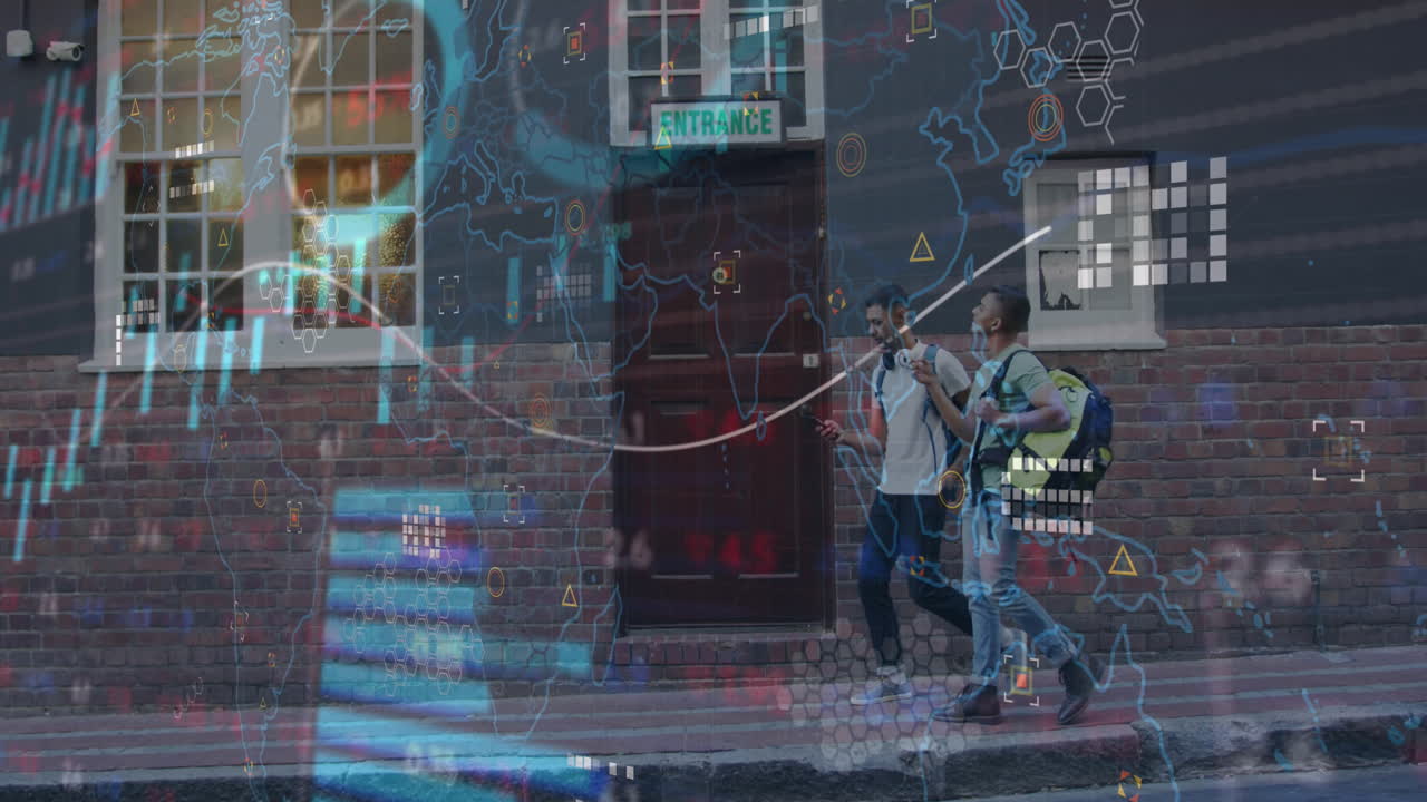 도시 거리에서  ⁇ 는 사람들 위에서 금융 데이터 처리의 애니메이션