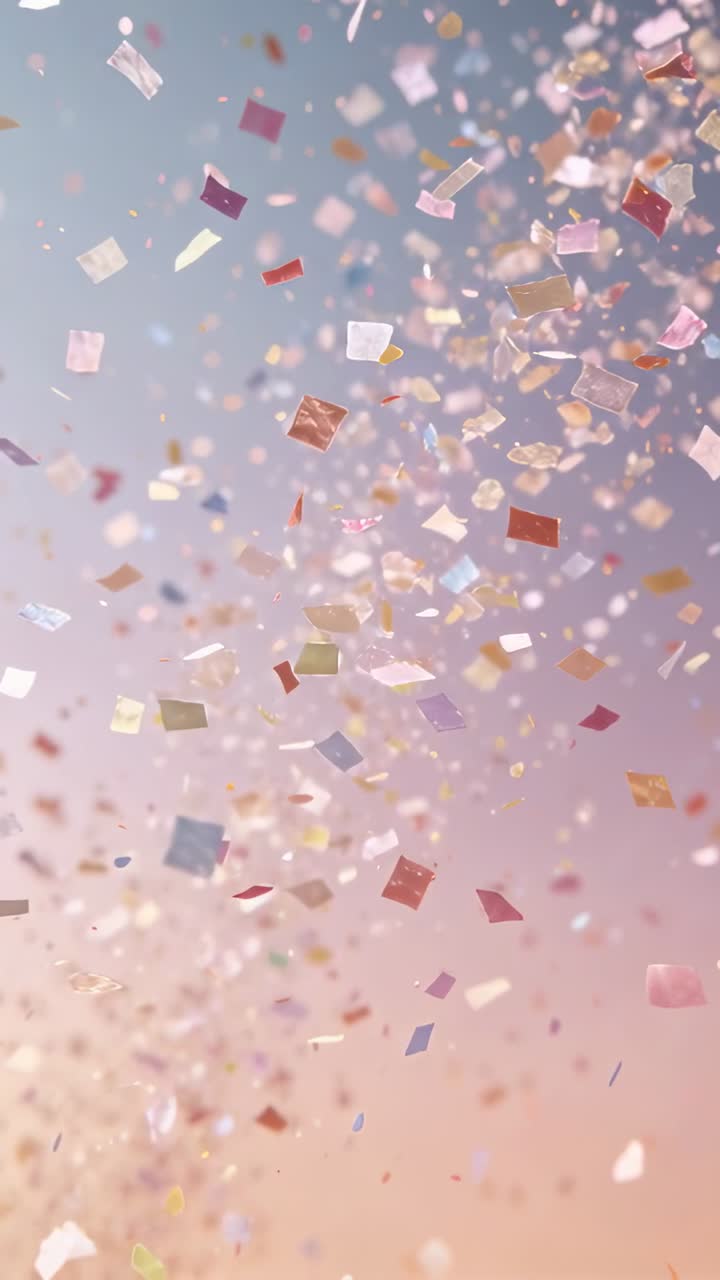 Vertical video: Sending confetti cloud drifting through vertical gradient, showing foil glints