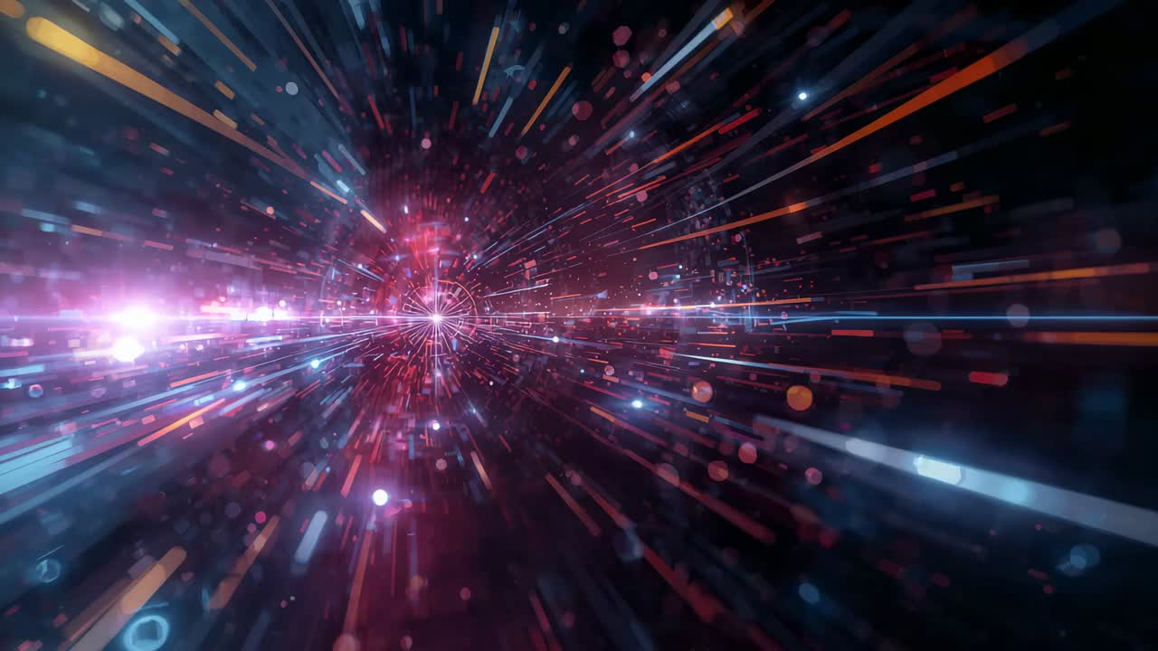 Bagliore centrale pulsante che lancia striature radiali arancioni e ciano attraverso un tunnel virtuale, con particelle