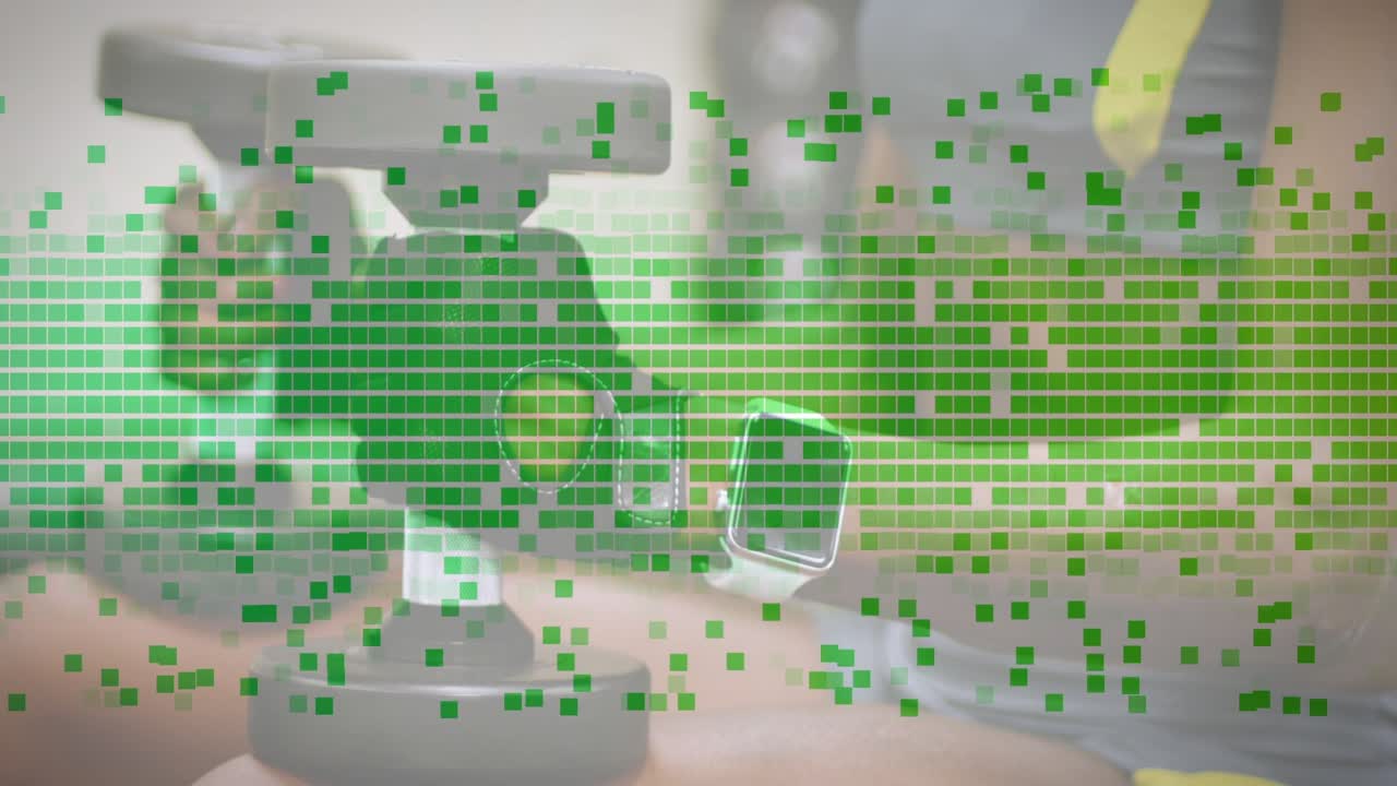 Woman gripping dumbbells and pressing upward, pixel grid receding, revealing form, building fitness