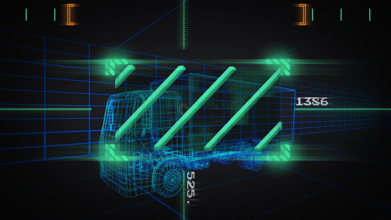 Neon-blue wireframe truck hovering within dark 3D grid, showing green bars and scrolling data