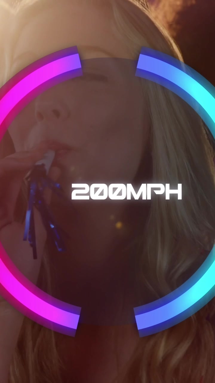 Vertical video: Woman blowing horn in party for fun, HUD MPH readout updating, ring rotating face
