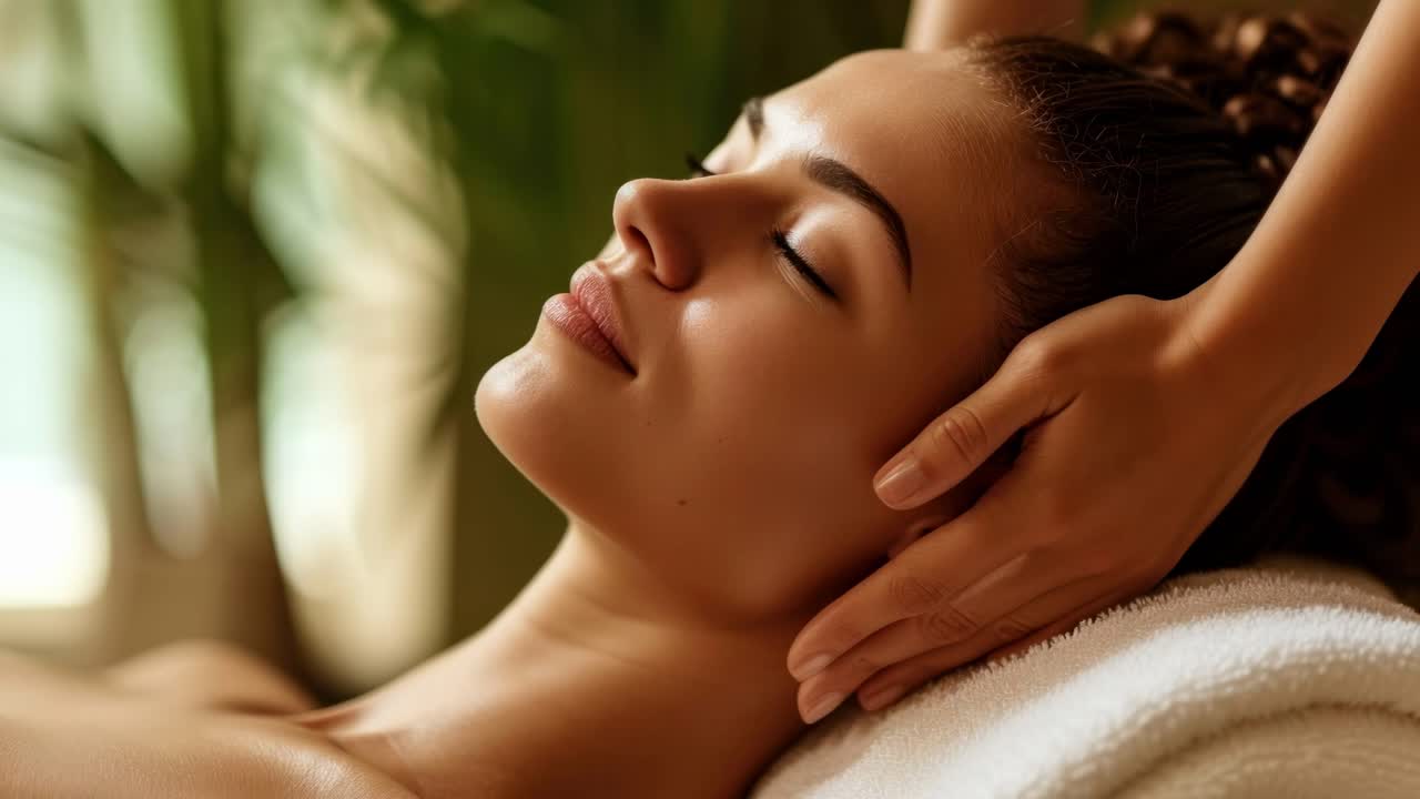 Close-up video shot of a woman receiving a relaxing massage, showcasing a serene atmosphere