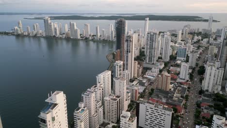 Aerial-Drone-Fly-Above-Cartagena-Beach-Skyscrapers-Caribbean-Sea-Town-Colombia-Travel-and-Tourism-Panorama