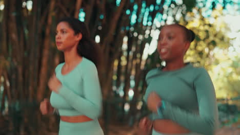 women, running friends and training in park