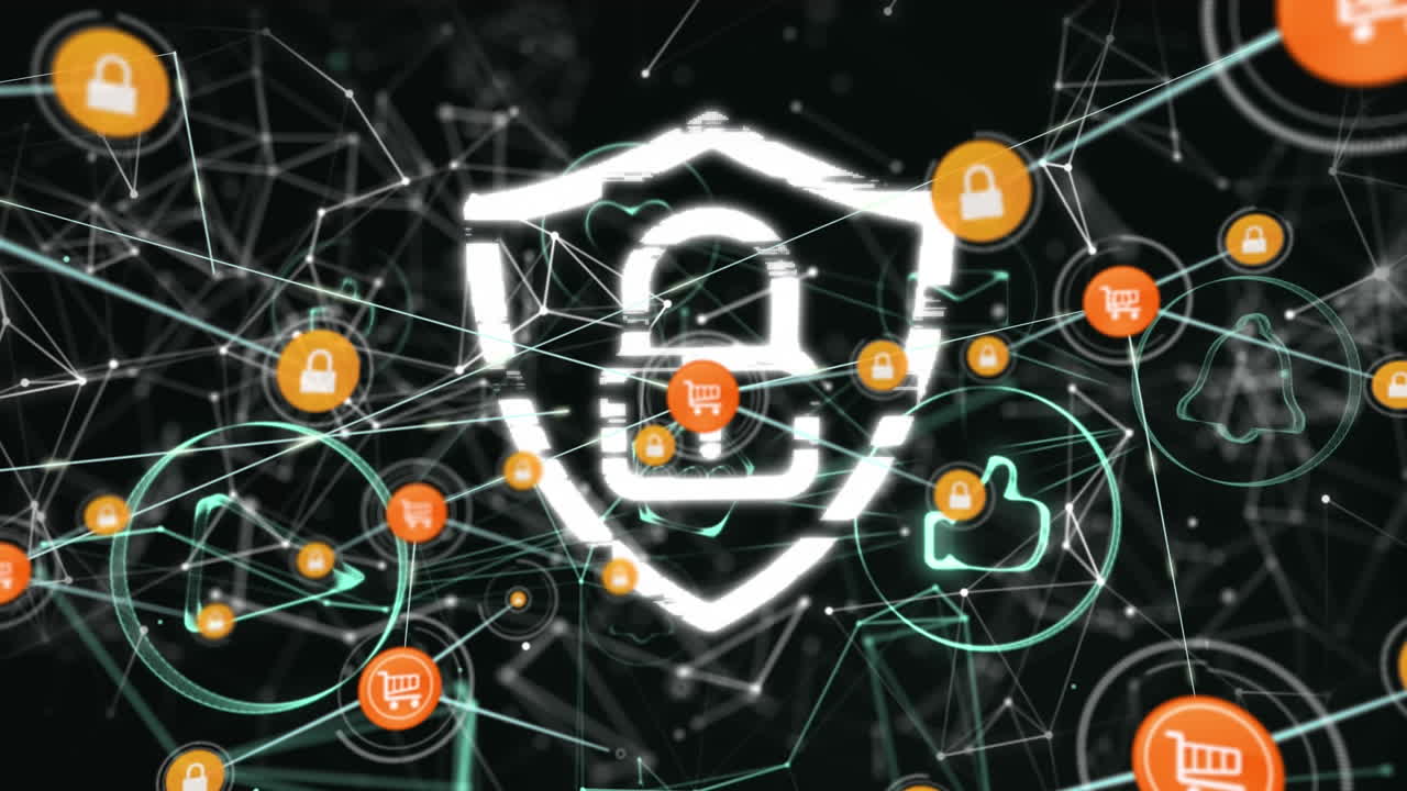 animación de la red de conexiones y el icono del candado sobre fondo negro