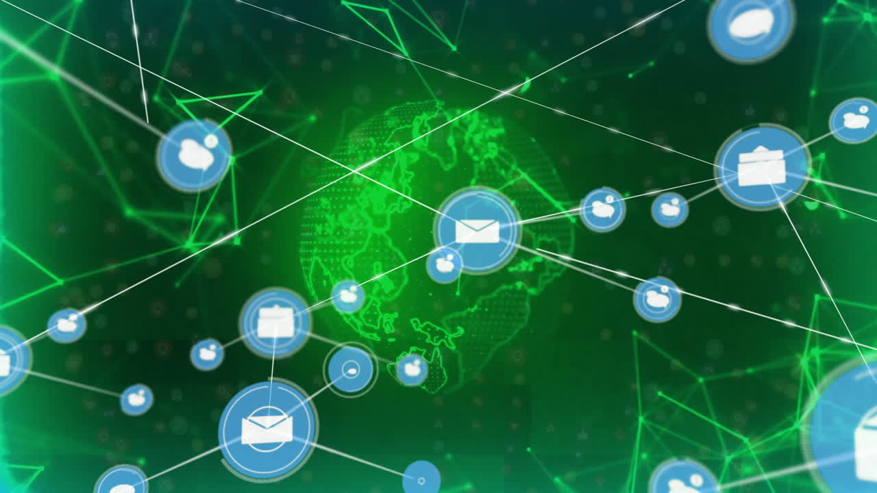 Animation of email icons connecting over digital globe with green background