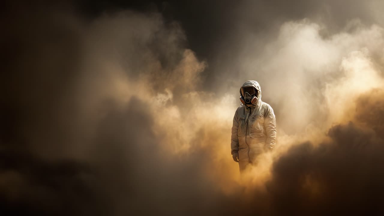 Un astronauta rodeado de nubes arremolinadas de polvo y niebla, evocando una atmósfera surrealista y de otro mundo, mostrando el marcado contraste de la exploración humana frente al caos de la naturaleza