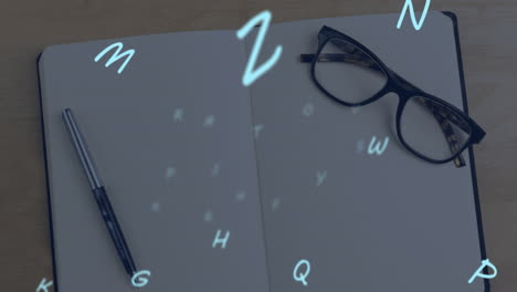 multiple alphabets floating against glasses and pen on open notebook against wooden surface