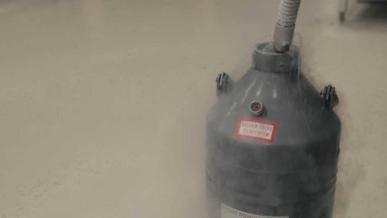 저장 크에서 디워로 액체 질소를 전달하는 동안 증기 개발 - 근접