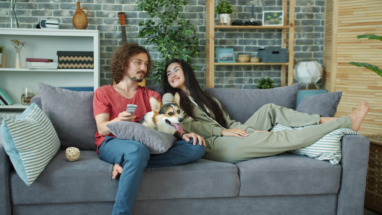 Couple Relaxing on Sofa with Dog and Watching TV