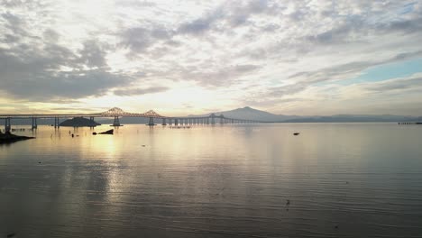 backlit richmond bridge from point molate beach richmond california usa, aerial pullback as birds fly in low wetlands