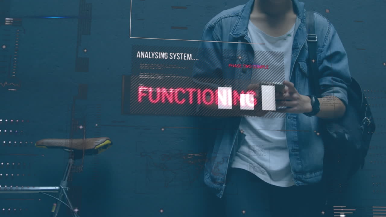 animación de gráficos, lenguaje informático sobre hombre biracial de pie al lado de la bicicleta y el uso de teléfono celular