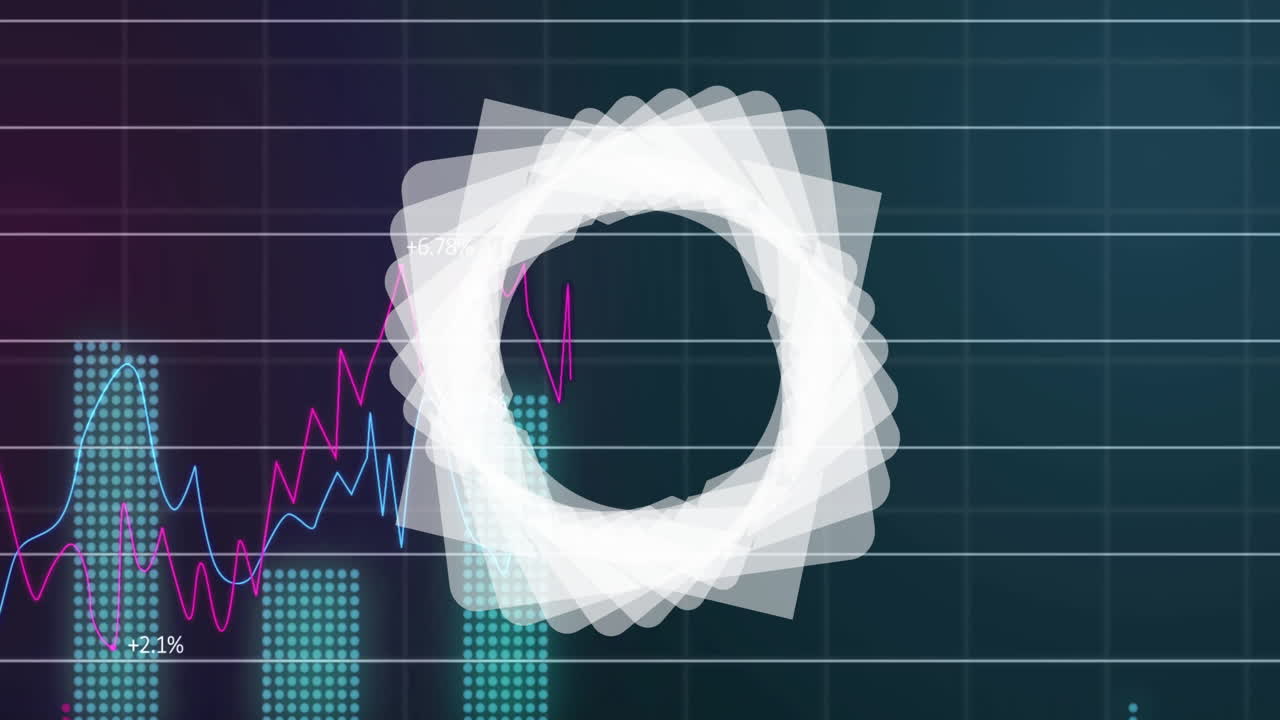 Fluctuating percentages in financial data charts over circular animation