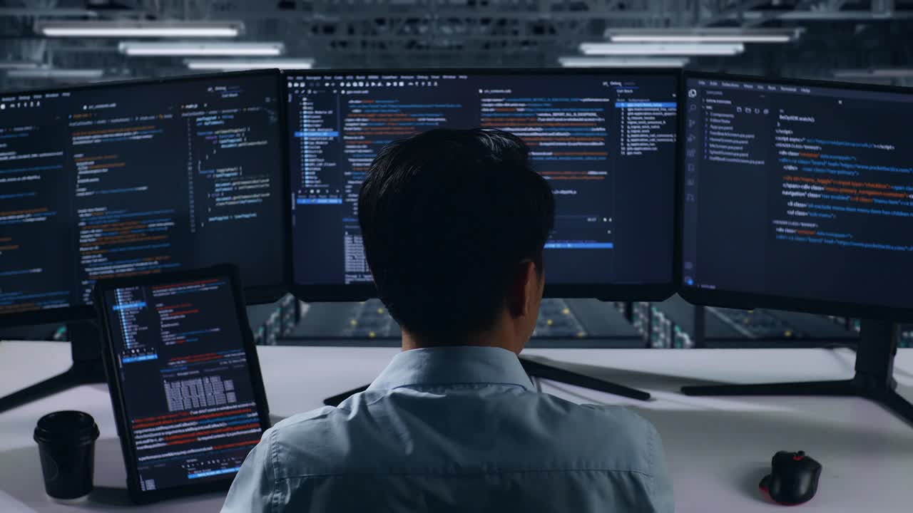 Back View Of Asian Man Developer Working With Tablet While Write Code With Multiple Computer Screens In Data Center