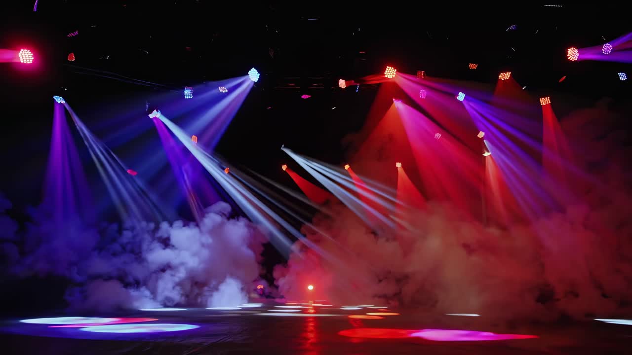 Wide-angle shot of a stage with colorful spotlights and fog, creating a dynamic, energetic