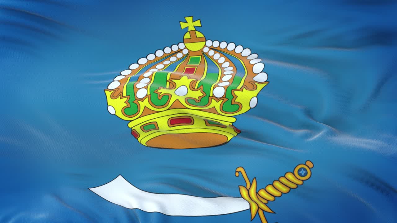 Astrakhan oblast (Federal subject of Russia) flag waving in the wind with highly detailed fabric texture. Seamless loop