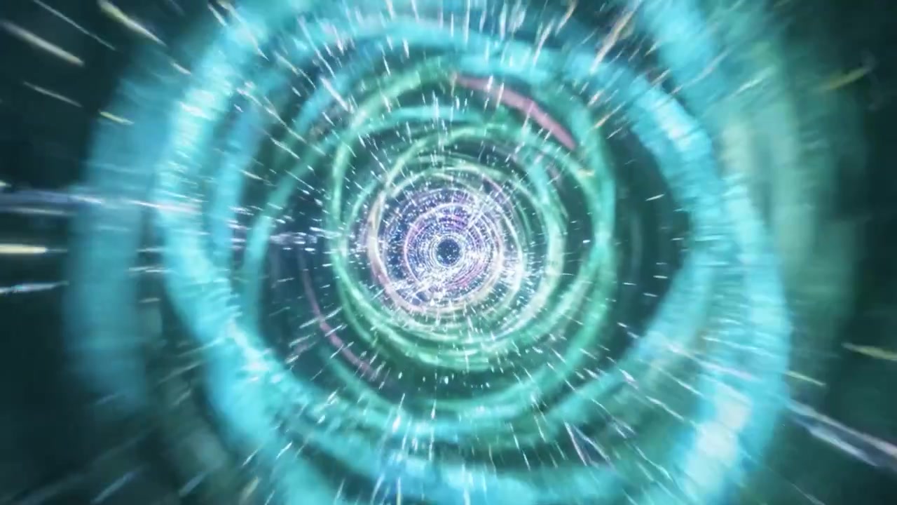 Un viaggio immersivo attraverso un vibrante vortice cosmico, che mostra una spirale ipnotizzante di luci e colori che crea un senso di profondità e movimento nello spazio.