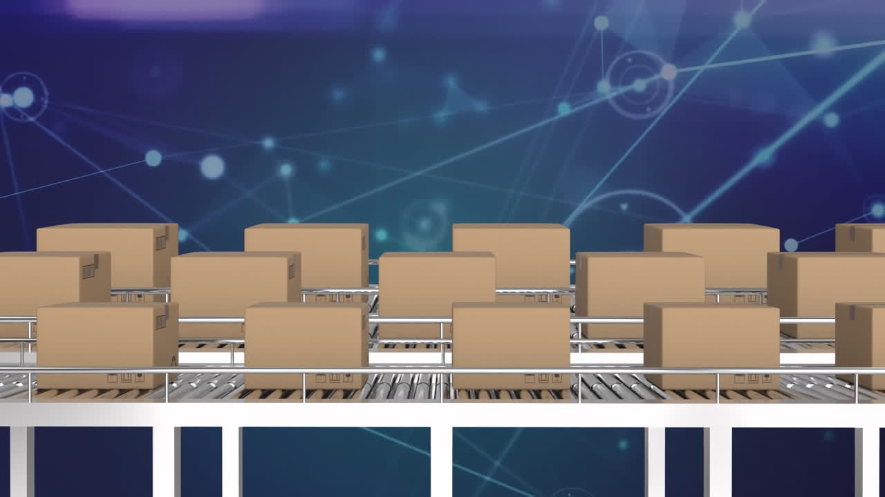추상적인 배경에 연결된 점 위에 컨베이어 벨트에서 움직이는 카드보드 상자의 애니메이션