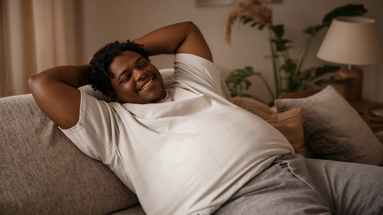 Leaning man white T-shirt gray sweatpants settling on sofa to relax in living room with pillows