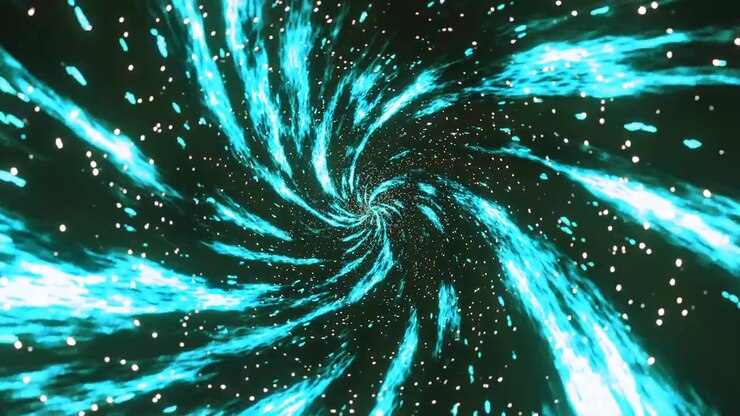 Swirling abstract vortex of glowing cyan energy and white particles rotating into a deep center. 3D rendering
