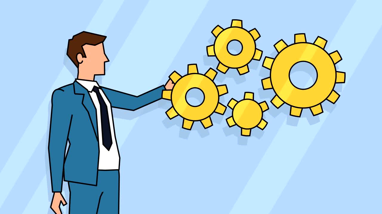 Flat cartoon businessman character rotates golden gears animation