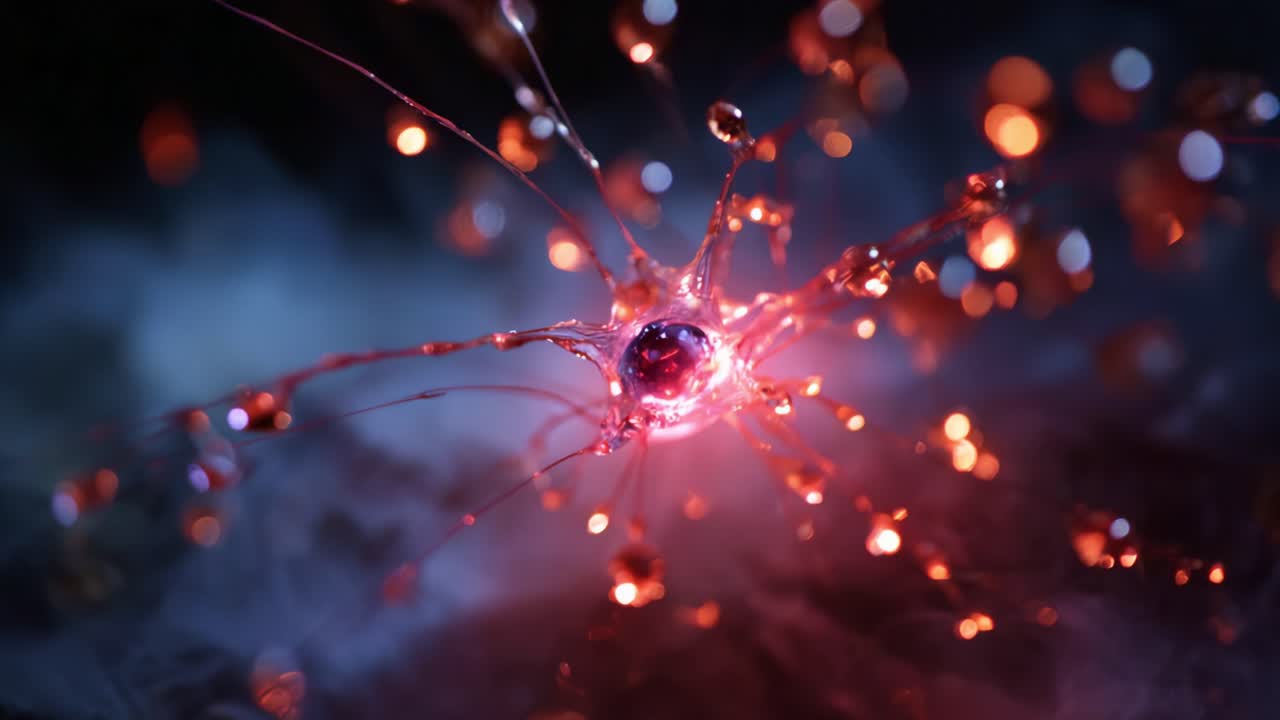 Rappresentazione astratta di un neurone con connessioni e bolle luminose su uno sfondo scuro e fumoso, che mette in risalto la sua struttura complessa e la sua bellezza