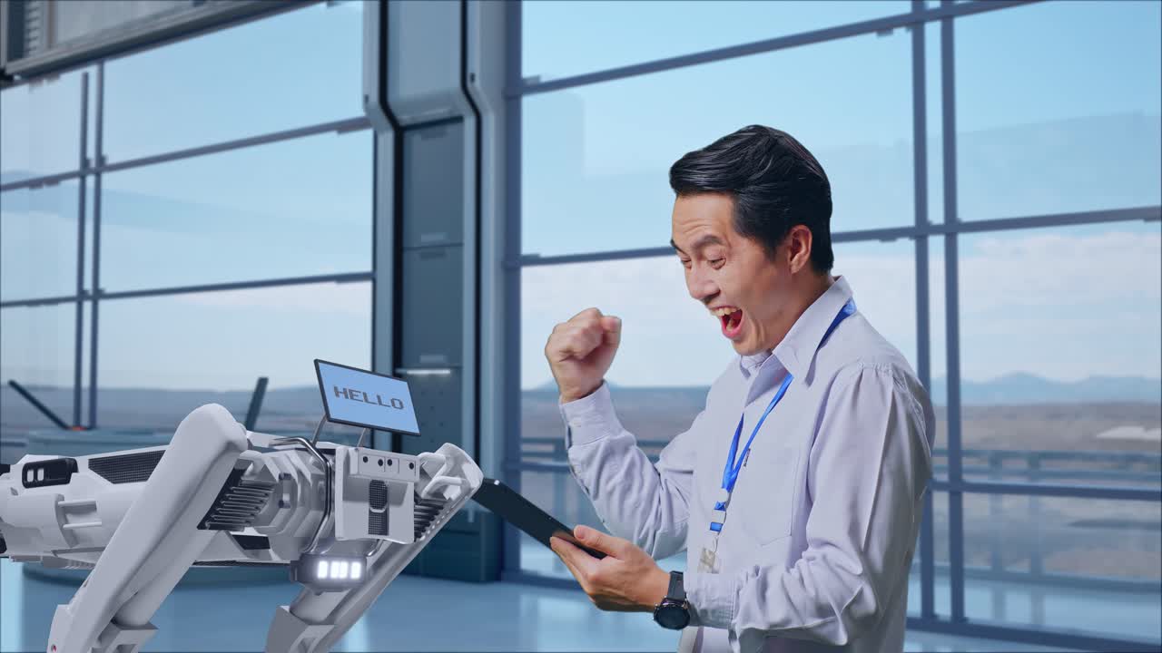 엔지니어가 로으로 성공을 축하하고 있습니다.