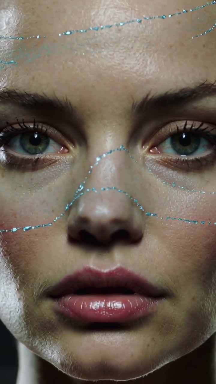 Vertical video: Pulling cam back filming model in studio showing makeup change, teal glitter fading