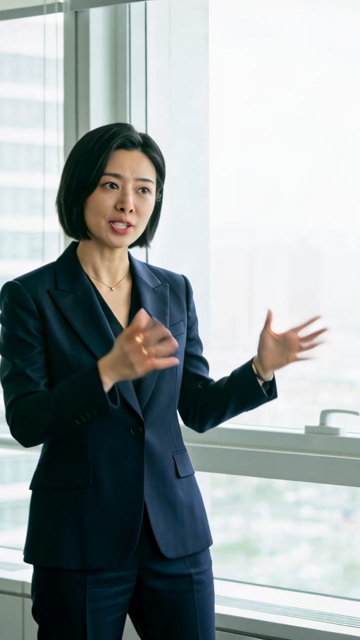 Vertical video: Speaking woman starting gesture and stressing point at office window, in navy suit