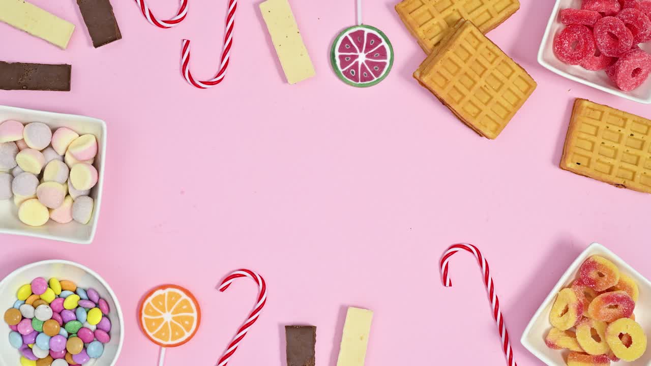 cuencos blancos llenando con colorido chocolate y caramelos de goma y piruletas y hacer marco para el texto en fondo rosa brillante. stop motion animación plana