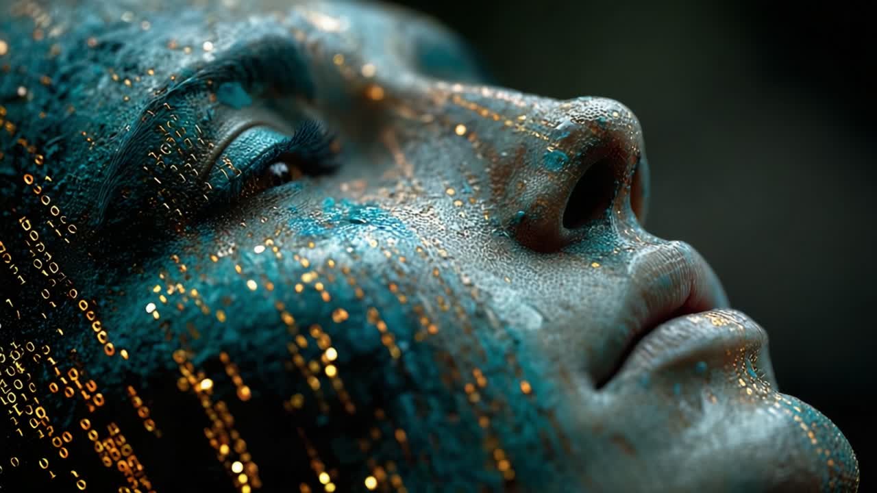 Extreme close up of a cybernetic face covered in glowing binary code, representing the fusion of humanity and technology and the evolution of artificial intelligence into a new form of life
