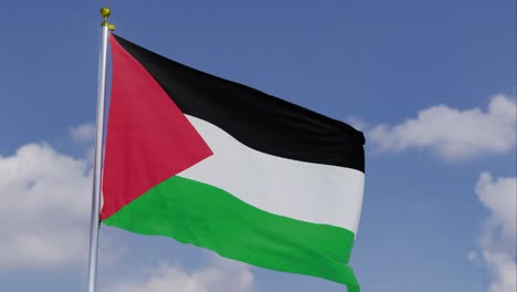 Flag-Of-Palestine-Moving-In-The-Wind-With-A-Clear-Blue-Sky-In-The-Background,-Clouds-Slowly-Moving,-Flagpole,-Slow-Motion