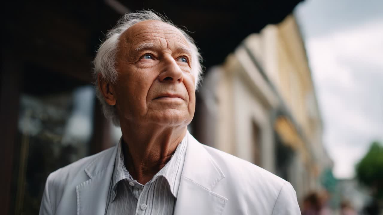 Un dolce riflesso di saggezza: un uomo anziano che guarda pensieroso in lontananza, incarnando anni di esperienza e profonda contemplazione, catturato in un momento di serenità e pace interiore