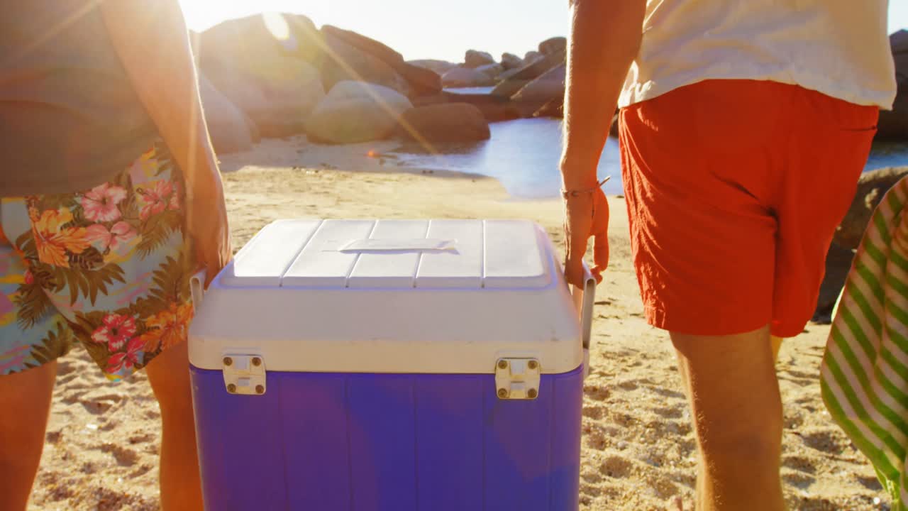 Male friends walking with ice box in the beach 4k
