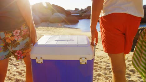 male friends walking with ice box in the beach 4k