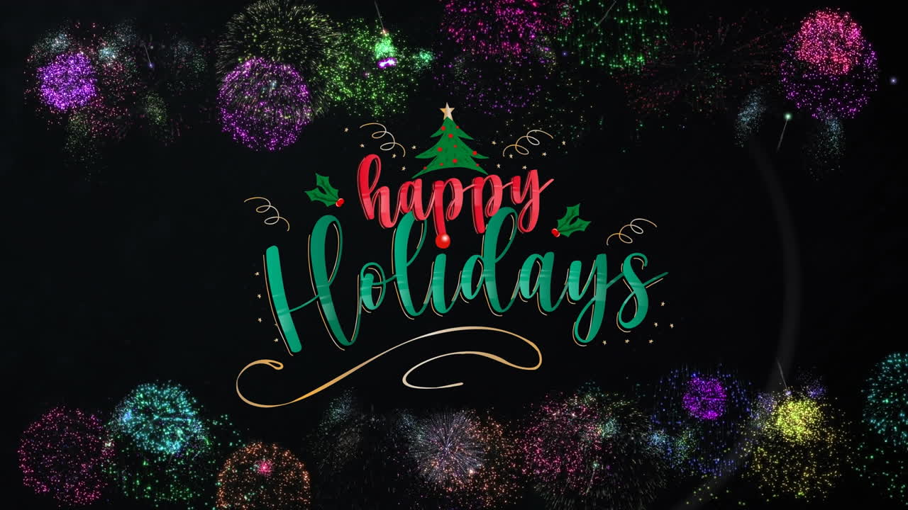 Animation of happy holiday text over colorful fireworks