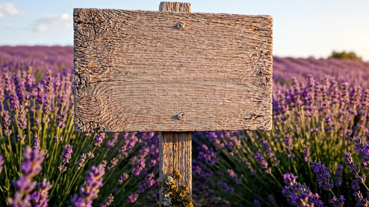 Un sereno campo de lavanda con un cartel de madera desgastado en primer plano, capturando la esencia de la naturaleza y la tranquilidad bajo la luz del sol