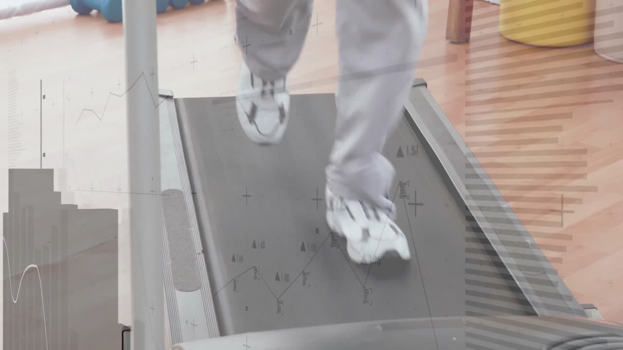 Treadmill belt moving as white shoes stepping alternating heel rolling and toe pushing for workout
