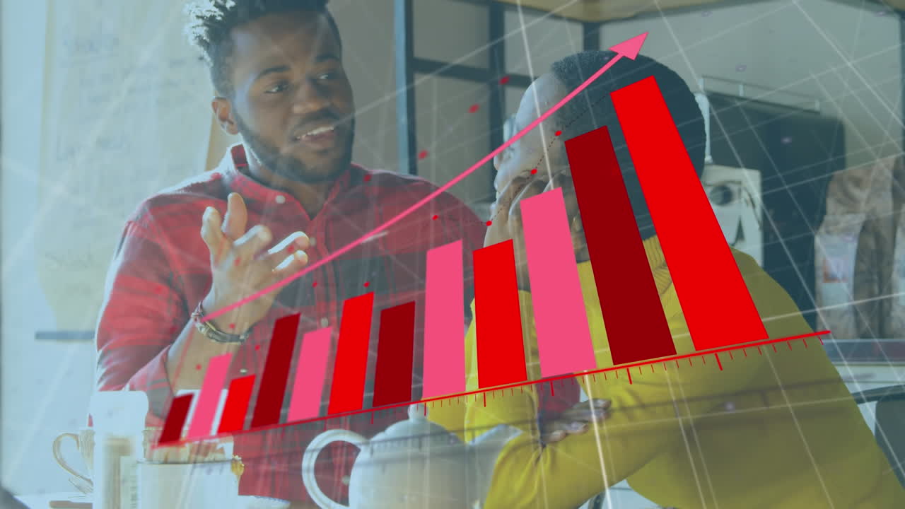 Animation of arrow of growing graph over diverse couple talking while sitting in cafes